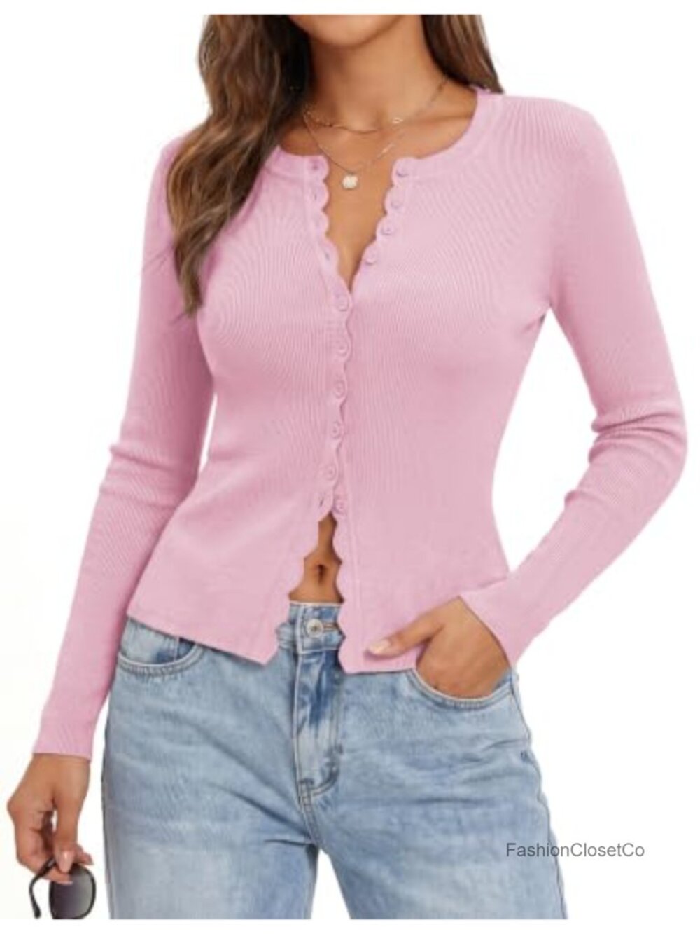 Cropped Cardigan Button Up Scalloped Slim Fit Knit Fall Outfit